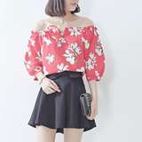 2016夏装新款一字领露肩系带显瘦五分袖上衣韩版花朵印花女装T恤