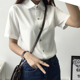 韩版学院风白色短袖衬衫女百搭木扣修身显瘦衬衣女职业装打底上衣