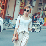 2016夏新款韩版大V领舒适垂感针织T恤女宽松中长款短袖打底衫