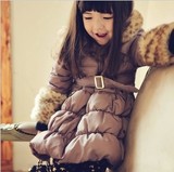 韩国童装女童冬装新款公主加长款加厚束腰连帽棉服棉衣外套