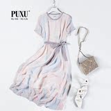 夏季新款高端定制欧美风100%桑蚕丝真丝粉蓝系减龄长裙短袖连衣裙