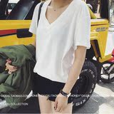 韩国深v领纯色街拍短袖T恤宽松打底衫女