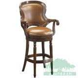 美式仿古实木吧椅高吧椅欧式真皮酒吧椅旋转吧台椅家用简约餐吧椅