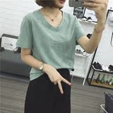 2016韩版夏装女新款收腰宽松显瘦破洞款简约纯色款女装短袖T恤潮