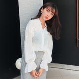 2016秋装新款韩国棉麻宽松大码领口系带灯笼袖白色长袖衬衫女上衣