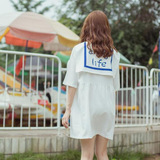 2016夏季新款韩版学院风海军领披肩高腰短袖连衣裙女学生娃娃裙潮