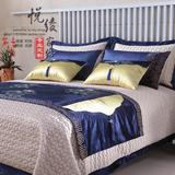 中式美式高档床上用品蓝色荷花刺绣样板房多件套别墅软装家纺床品