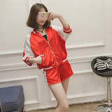 2016新款韩版女夏套装撞色薄款夹克棒球服+系绳短裤热裤两件套L03