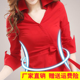 夏季短款性感修身衬衣显瘦长袖上衣时尚职业工作服短袖红色女衬衫