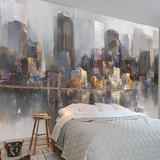 大型壁画现代简约客厅电视背景墙纸手绘都市建筑艺术壁纸印象油画