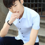 夏季流行男装短袖衬衫青年时尚潮寸衫修身款韩版纯色纯棉衬衣