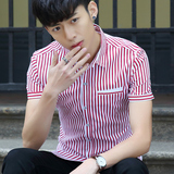 2016夏季流行男装短袖衬衫青年时尚潮寸衫修身款韩版条纹纯棉衬衣