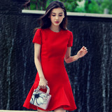 2016韩版夏红色修身连衣裙小礼服黑色短袖包臂荷叶边伴娘服女红裙