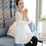2016夏季新款女装韩版蕾丝打底衫中长款宽松大码七分袖雪纺衫上衣