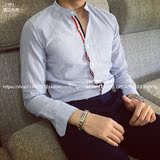 日系潮男四季立领条纹衬衫薄款男式长袖衬衫韩版tb休闲修身衬衣