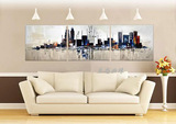 纯手绘壁画客厅挂画沙发背景墙装饰画 电表箱抽象城市三联油画