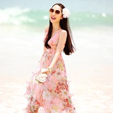 韩国代购2016夏季新款波西米亚长裙沙滩裙海边度假碎花雪纺连衣裙