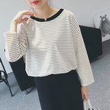 2015韩版细条纹t恤秋季新品小V圆领长袖T恤女士宽松显瘦打底衫女