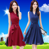 2016年夏季新款韩版连衣裙V领无袖纯色中长款a字裙子裙夏女版裙子