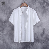 中国风亚麻衬衫男士短袖宽松夏季中年棉麻料衬衣薄款中式麻布上衣