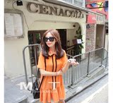 韩版夏季刺绣太阳花荷叶边衬衫裙子女装宽松翻领单排扣橘色连衣裙