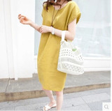 2016夏装新款韩版短袖蕾丝棉麻连衣裙直筒宽松中长款亚麻一步裙女