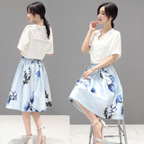 2016夏季新品女装韩版时尚大码雪纺衬衫连衣裙女中长款印花套装裙