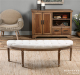 美式乡村实木半圆形布艺床尾凳 欧式橡木复古做旧麻布拉扣换鞋凳