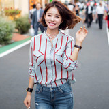 韩国2016春装新款韩版衬衫女长袖小立领宽松条纹格子拼色衬衣潮