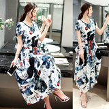 韩国女装夏装亚麻短袖连衣裙森女系名族风修身显瘦收腰棉麻长裙潮