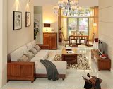 尚美家具 现代新中式实木柚木原木二人三人皮布客厅组合转角沙发