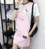 韩版学院风显瘦粉色口袋贴布棉布背带连衣裙学生牛仔背带裙女潮夏