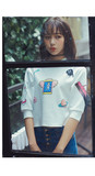 2016韩国女装卡通涂鸦短款长袖漏肚脐T恤打底衫上衣