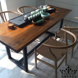 美式老松木餐桌泡茶桌休闲实木长桌子会议桌铁艺胡桃木色现代工作