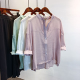 韩国2016女装新款宽松纯色立领衬衫前短后长简约防晒衬衣