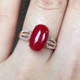 仿日本阿卡珊瑚戒指指环 18k金镶嵌钻石 牛血珊瑚戒指 经典男女款
