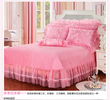 正品全棉粉色绗缝夹棉公主蕾丝花边床裙床盖纯棉床罩单件特价包邮