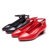 奥康女鞋2016秋季新款品牌真皮低跟浅口尖头红色瓢鞋中跟粗跟单鞋