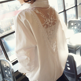 秋衣女士外穿韩版大码显瘦拼接V领白色衬衫女长袖长款宽松蕾丝t恤