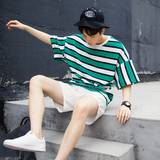 夏季韩版宽松条纹中袖七分袖五分袖圆领t恤日系蝙蝠衫男生潮短袖