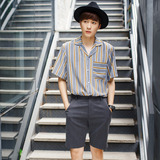 韩版日系复古竖条纹衬衫男生短袖宽松权志龙潮流学生衬衣青少年夏