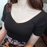 简约纯色V领针织T恤女短袖韩范2016夏季新款短款体恤修身打底衫