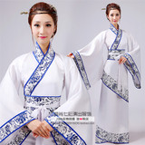 中国风改良中式汉服古装女古筝演出服舞台装绣花曲裾青花瓷