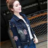 2016秋季新款韩版时尚印花大码牛仔外套女短款修身显瘦立领夹克衣