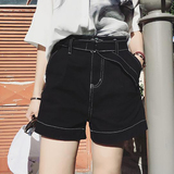 韩版2016夏季女装新款工装明线撞色腰带牛仔短裤子女阔腿休闲热裤