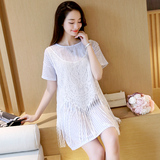 2016夏季新款韩版流苏蕾丝罩衫女裙竖纹两件套宽松短袖连衣裙女潮