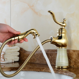 欧式金色面盆天然玉石水龙头全铜冷热浴室抽拉式洗脸盆单孔水龙头