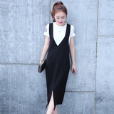 2016夏季新款韩版中长款裙子两件套连衣裙套装背带裙针织长裙女