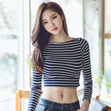 2016新款长袖T恤女装秋季韩版条纹短款露脐上衣修身显瘦打底衫