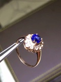 西洋复古vintage斯里兰卡1.2克拉蓝宝石钻石18K金花朵古董戒指环